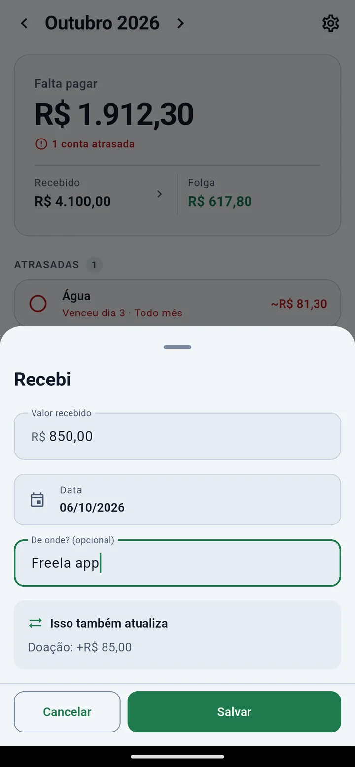 Registro de um recebimento de R$ 850,00, mostrando que a doação aumenta R$ 85,00.