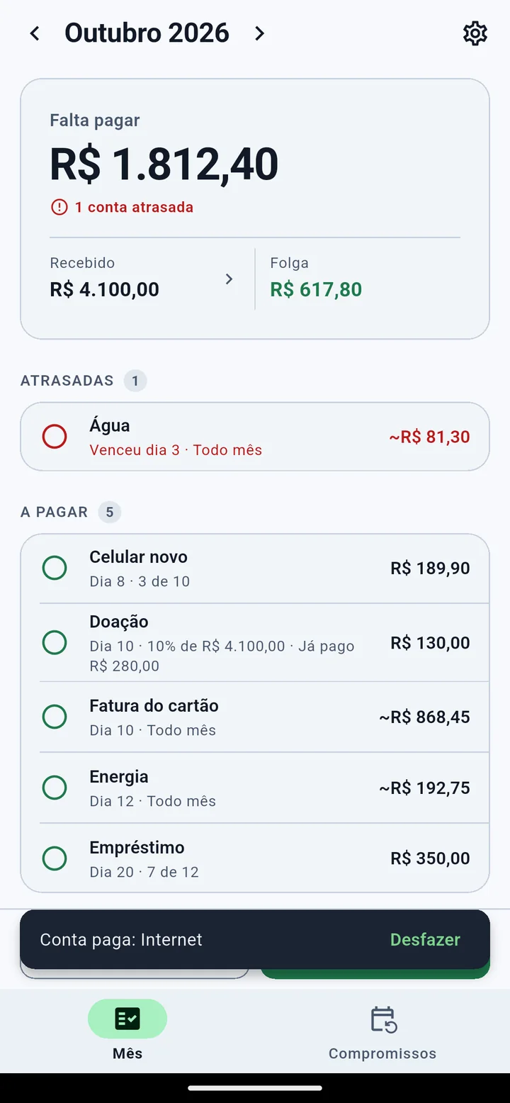 Conta de internet marcada como paga, com a opção Desfazer na parte de baixo da tela.
